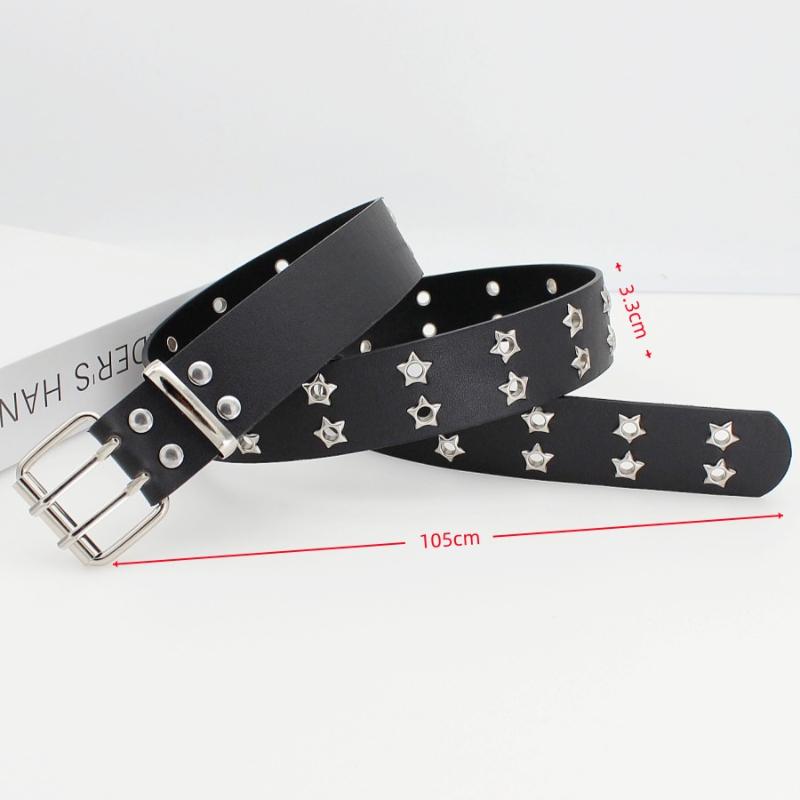 Double Prong Buckle Faux Leather Belt 1Pcs Black Silver Star Studs Cool Punk Style for Men Women Jeans Skirt Matching