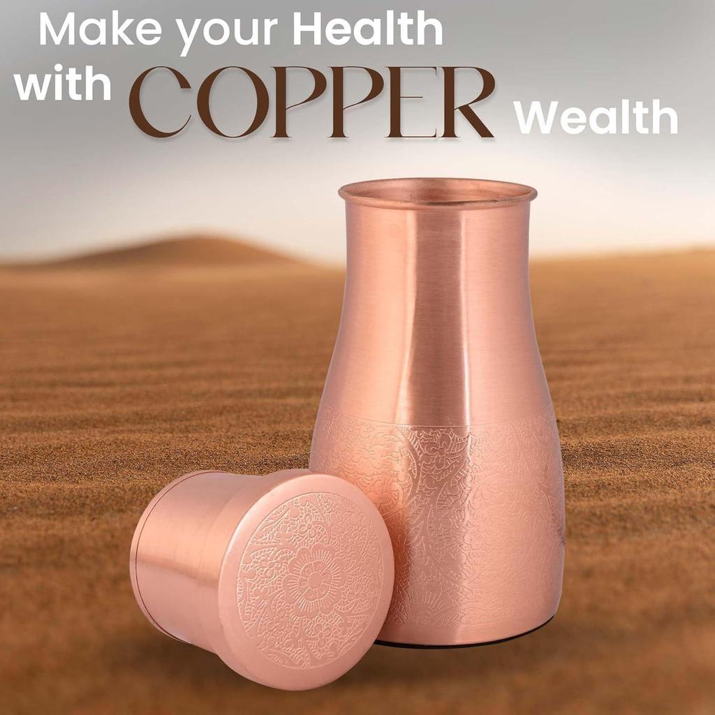 Copper Bedroom Jar with Inbuilt Glass | Carving Design | Handcrafted, Leakproof, Jointless | Ayurvedic Benefits, Antioxidant Properties | 1200 Ml