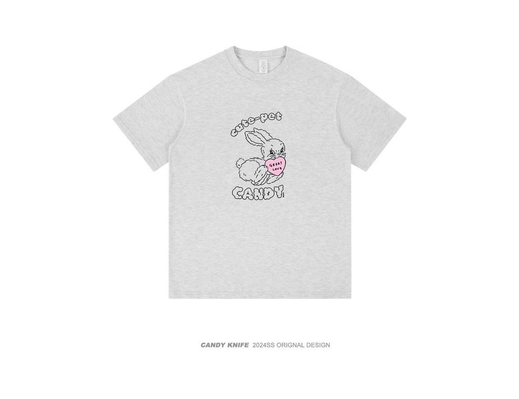 Fun Love Heart Rabbit Print T-Shirt - Unisex Couple's Trendy Short Sleeve Summer Top