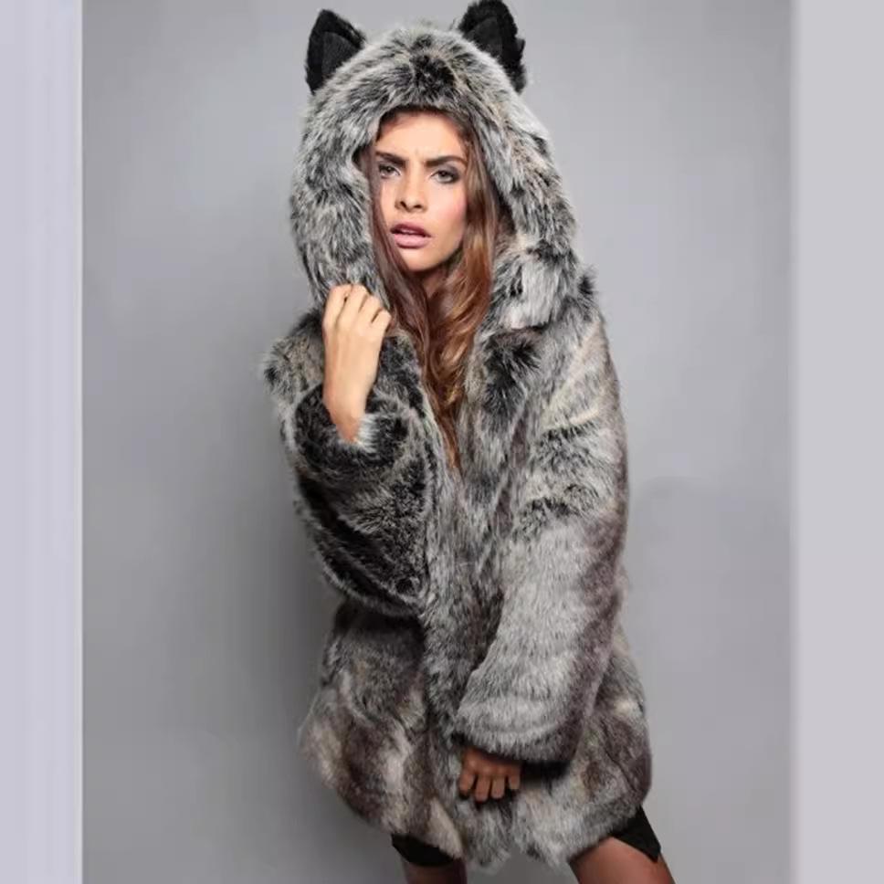 European and American fur coat women's medium and long rabbit ears cartoon bear artificial fur Halloween hooded costume