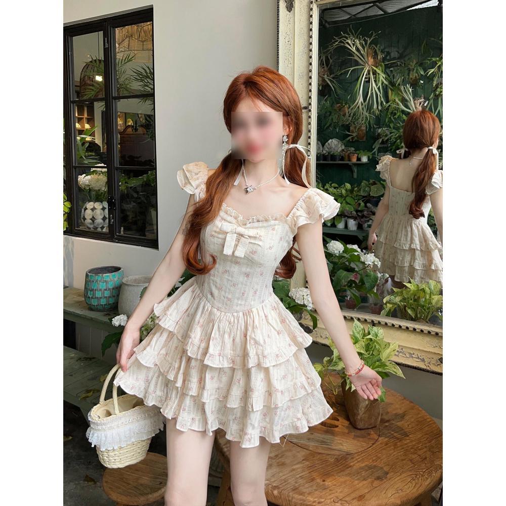 Sweet Floral Suspender Dress Women's Summer Little Flying Sleeves Princess Cake Dress Waist Fluffy Short Skirt