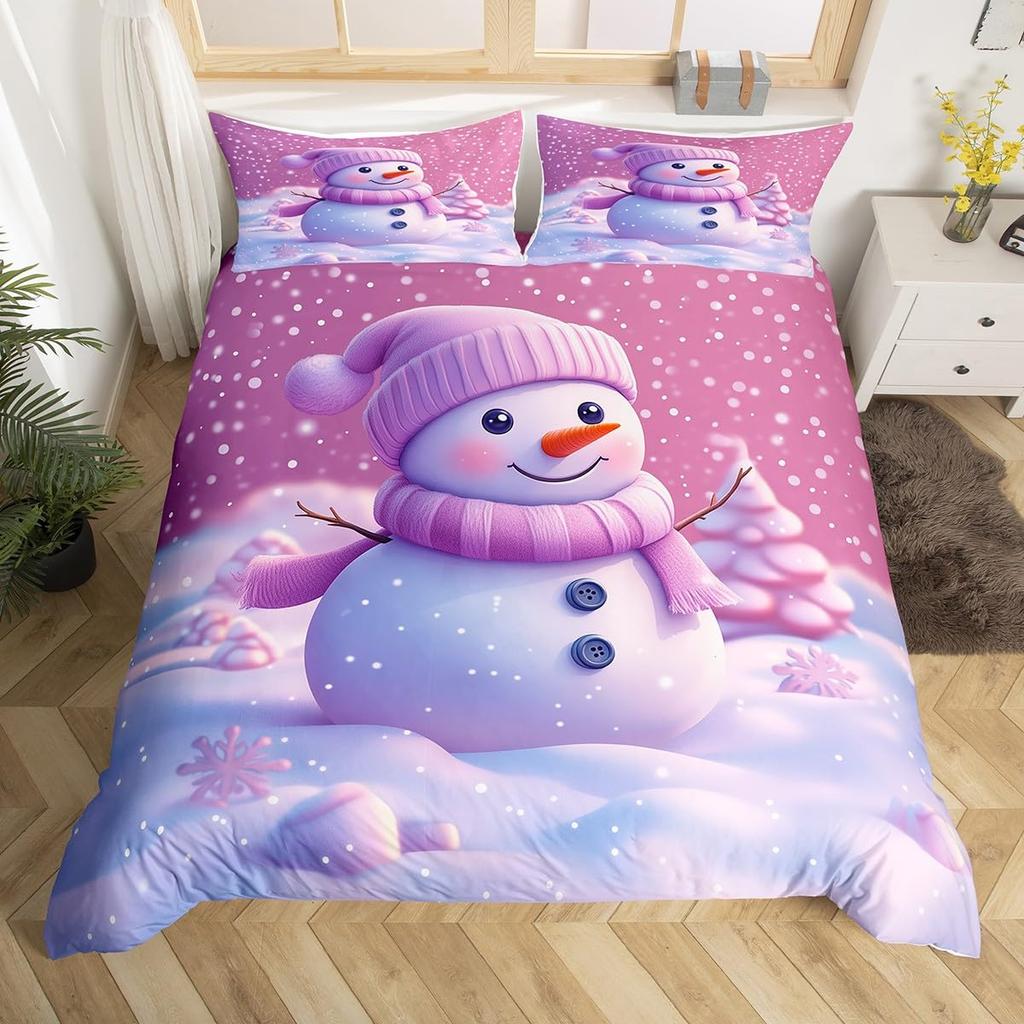 God Jul Sängkläder Rosa Påslakan Full Storlek Julgran Snögubbe Påslakan Drömsk Snöflinga Sängöverkast 3 delar