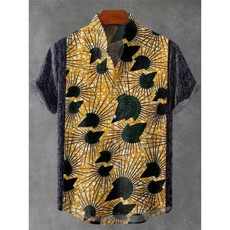 Men's Short Sleeve Shirt Vintage Ethnic Style Sunlight and Tree Illustration Art Snake Print Casual Linen Shirt