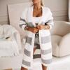 Womens Oversized Longline Knit Cardigan V-Neck Loose Fit Acrylic Wool Blend Striped Plaid Casual Sweater