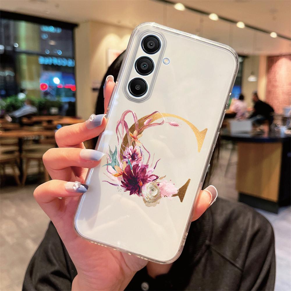 Transparent Phone Case Flowers Golden Rose Letters For Samsung Galaxy A55 A15 A25 A35 A07 A17 A06 A37 A57 Silicone Clear Cover