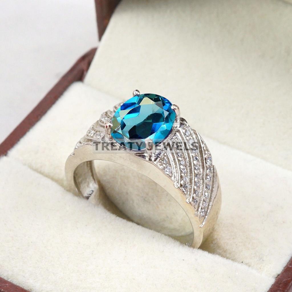 London Blue Topaz Oval Gemstone With 925 Sterling Silver Ring For Men's #B243 JL375676033689