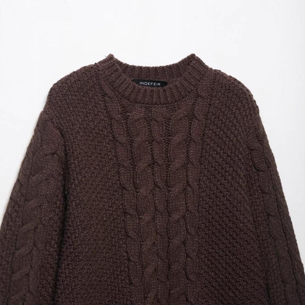 Retro European & American Style Cable Knit Sweater with Big Sleeves for Women