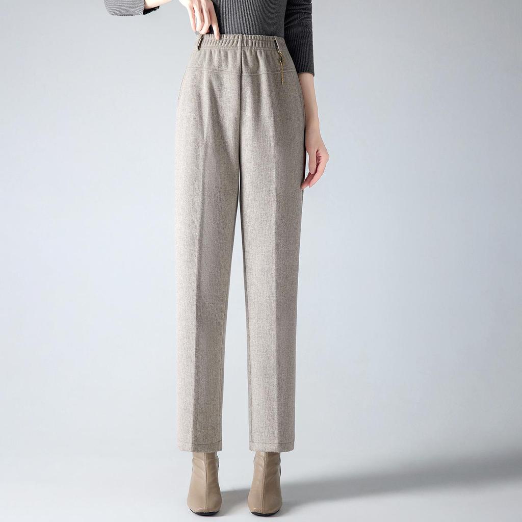 Damskie spodnie z wysokim stanem i podszewką z polaru 2025 - Wiosna/Jesień, Grube wełniane z prostymi nogawkami dla osób w średnim wieku i starszych