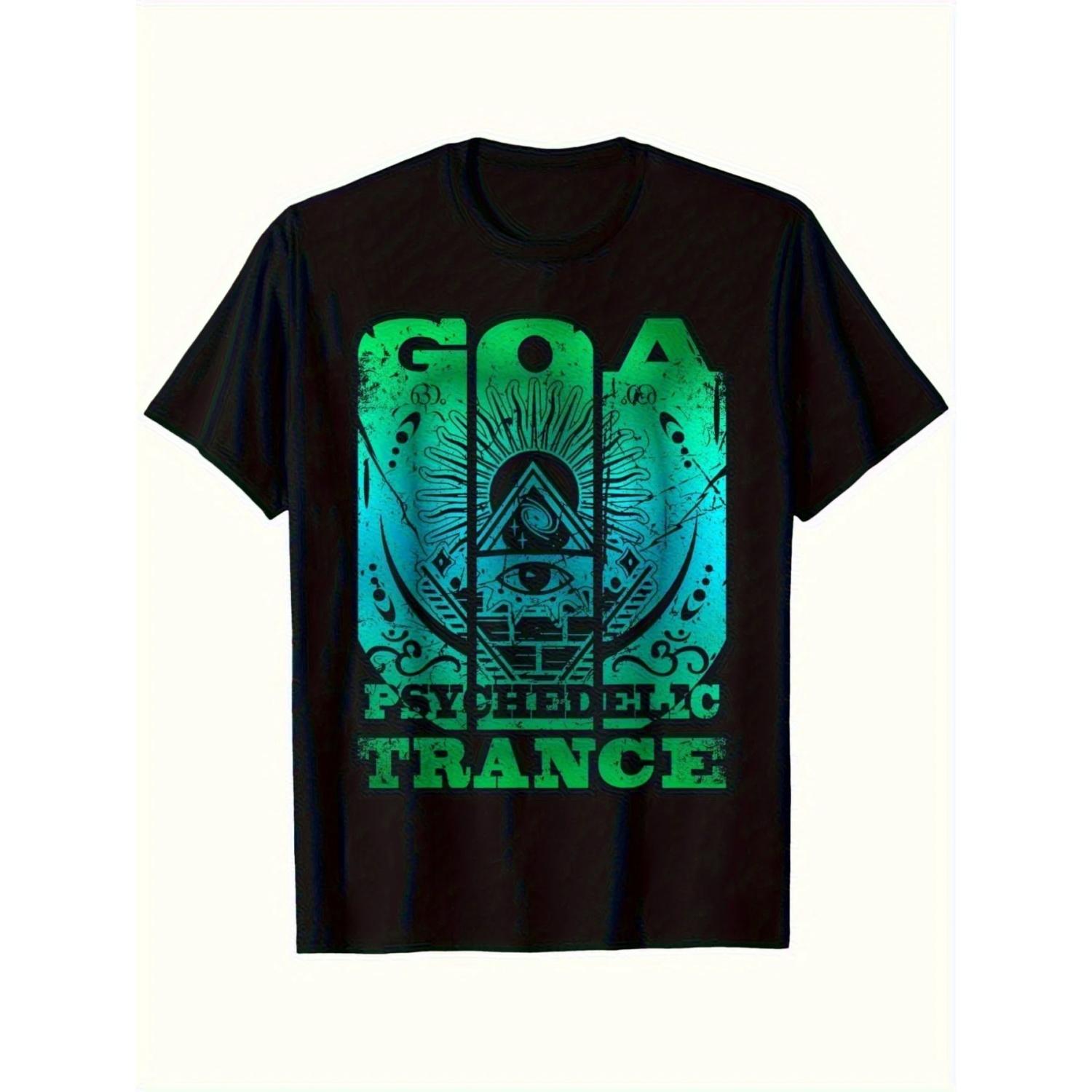 Goa Trance Psytrance Raver T-shirt - Vibrant Turquoise and Green Pattern Printed Casual Shirt Suitable for Music Festivals S чёрный