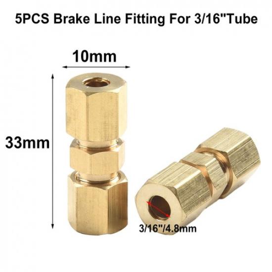 Brass Compression Fitting Connector Union For 3/16 OD Hydraulic Brake Lines 5Pc