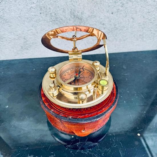 Brass Gilbert Compass with Leather Case Heavy Duty Nautical Sundial, Steampunk Captain Gift