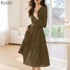 Damen Freizeitkleid mit V-Ausschnitt, einfarbig, langärmelig