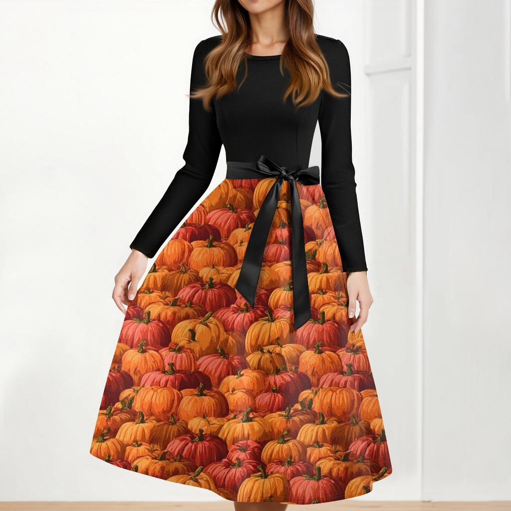 Women's Casual Fashion Halloween Printed Round Neck Vintage Dress