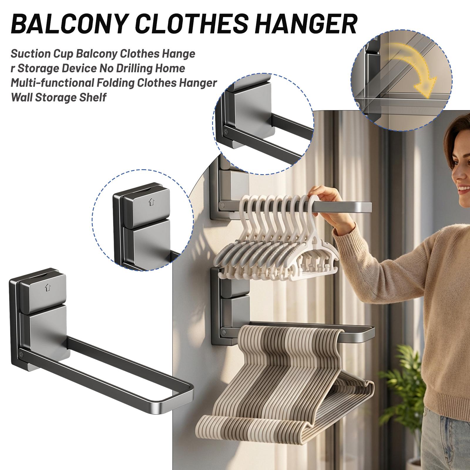 

Suction Cup Balcony Clothes Hanger Storage Device No Drilling Home Multi-functional Folding Clothes Hanger Wall Storage Shelf One Size