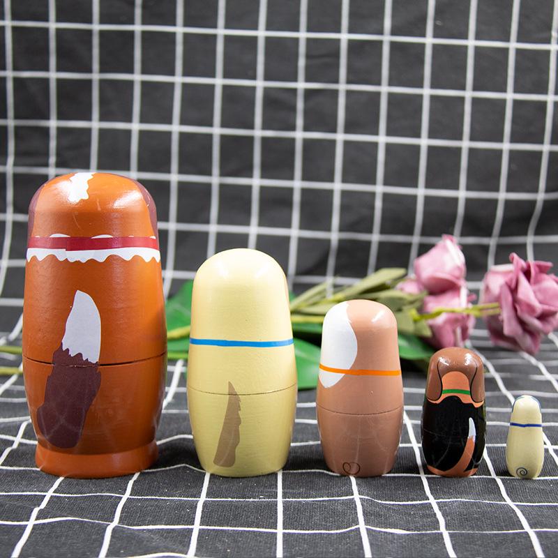 Five-Layer Russian Nesting Doll: Bear & Dog Wooden Craft Ornament Toy