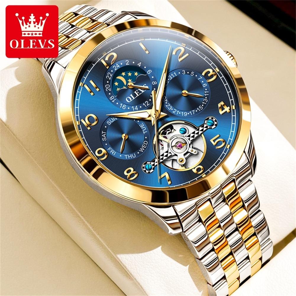 OLEVS 7018 Men's Watches Dgital Dial Skeleton Flywheel Automatic Mechanical Wristwatch Luxury Moon Phase Week Calendar Man Watch