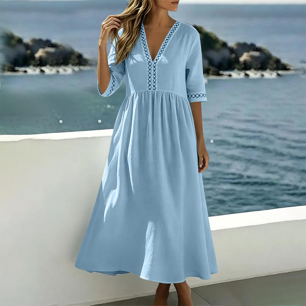 Women Casual Loose Fit V Neck Short Sleeve Dress Cotton Linen Blend Midi Length Summer Dress with Lace Trim Detailing
