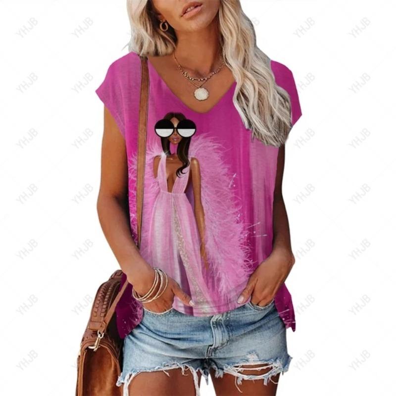 Summer New Product Cool And Comfortable V-neck T-shirt Women's Elegant Flower Print Top Casual Simple Short Sleeved T-shirt