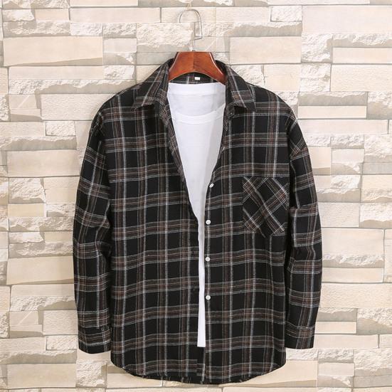 Men Autumn Shirt Plaid Print Contrast Colors Turn-down Collar Lapel Korean Style Single-breasted Loose Pocket Soft Patchwork Spring Shirt Daily Wear