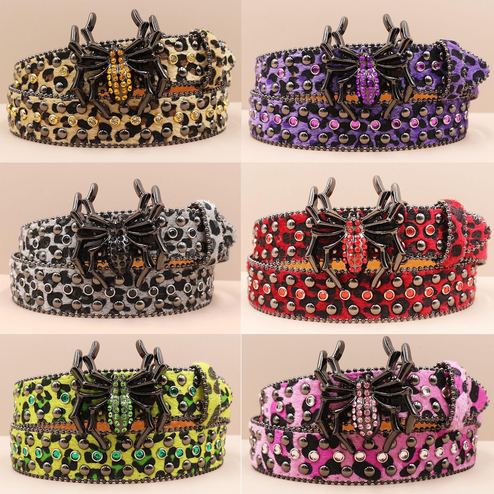 Writing A Notebook Women's Spider Buckle Punk New Leopard Print Rhinestone Belt Belt Full Diamond European And American Belt Decorative Rhinestone 125Cm