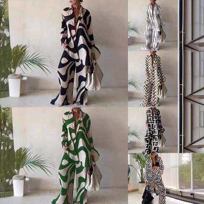 European & American Print Set: Loose Long Sleeve V-Neck Top with Straight Leg Pants - Casual Travel Vacation Jumpsuit