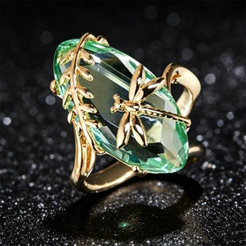 Gorgeous Gold Color Inlaid Green CZ Women's Ring Carving Branch Dragonfly Daily Wear Party Jewelry