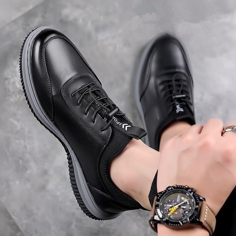 Men's elastic band casual sports leather shoes men's leather surface versatile