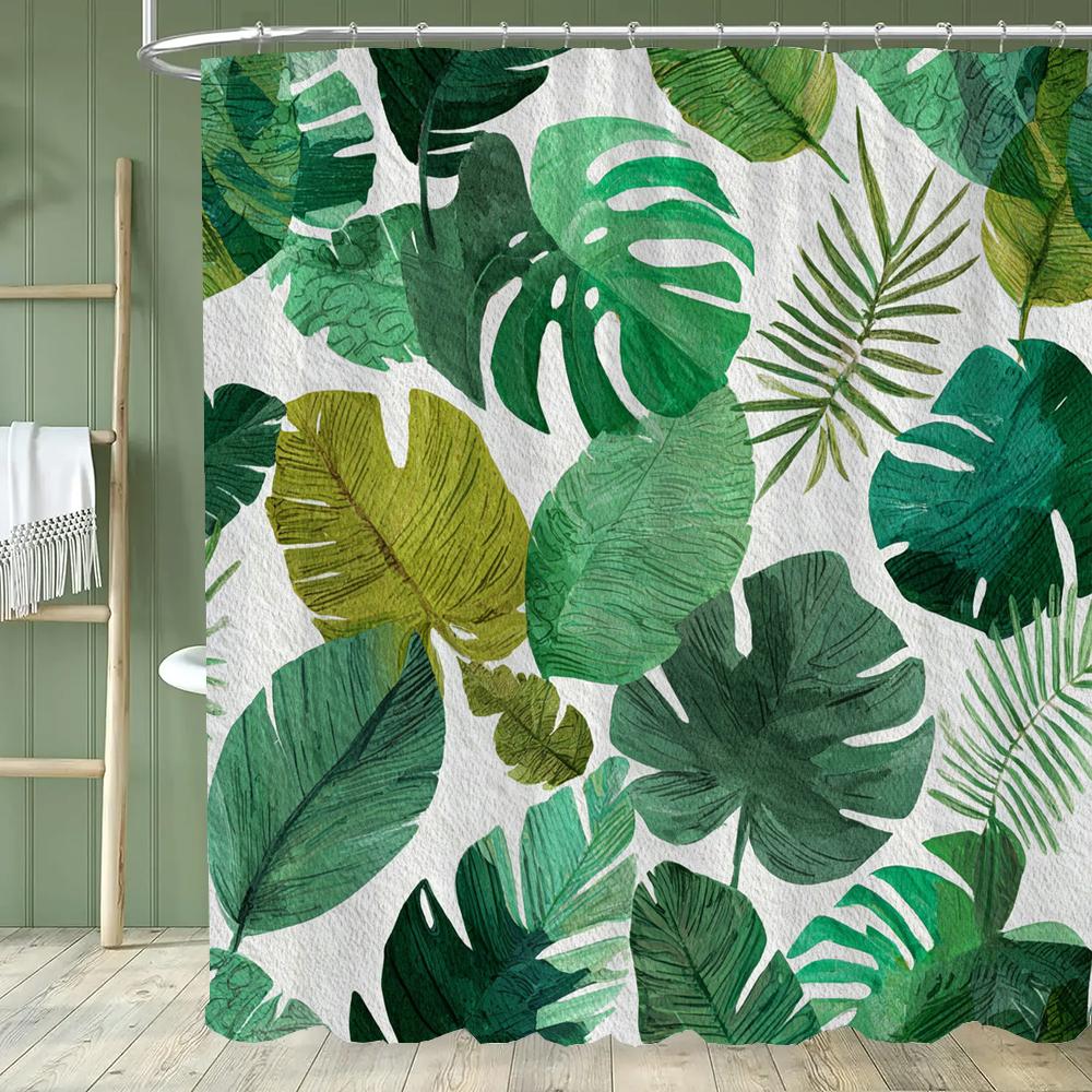 Smaragdgrüner Blatt-Duschvorhang, Moderner Abstrakter Palmenblatt-Tropischer Monstera-Badezimmervorhang Heimdekoration Mit Haken