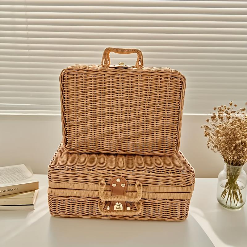 Vintage Rattan Woven Storage Basket with Handle Rectangular Stackable Organizer for Picnics Home Decor Living Room Shelf Baskets