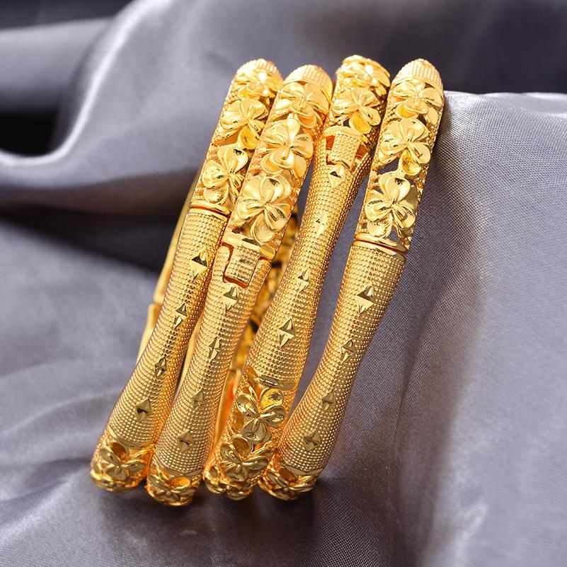 Dubai Gold Color Bangles for Women Men Fashion Flower Jewelry Wedding Party Luxury Quality Bridal Bracelets Gift