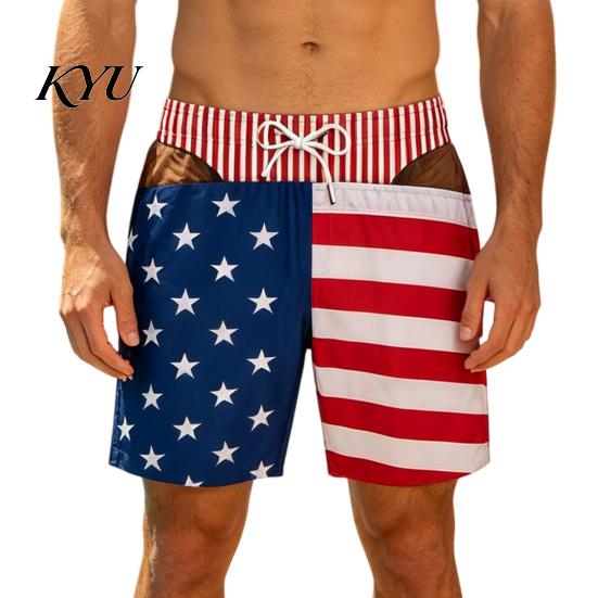 Mens Funny Beach Shorts Men Hairy Butt Shorts, Big Booty Leopard Novelty Illusion Printed Swimwear Print Briefs Design, USA Flag Swim Trunks