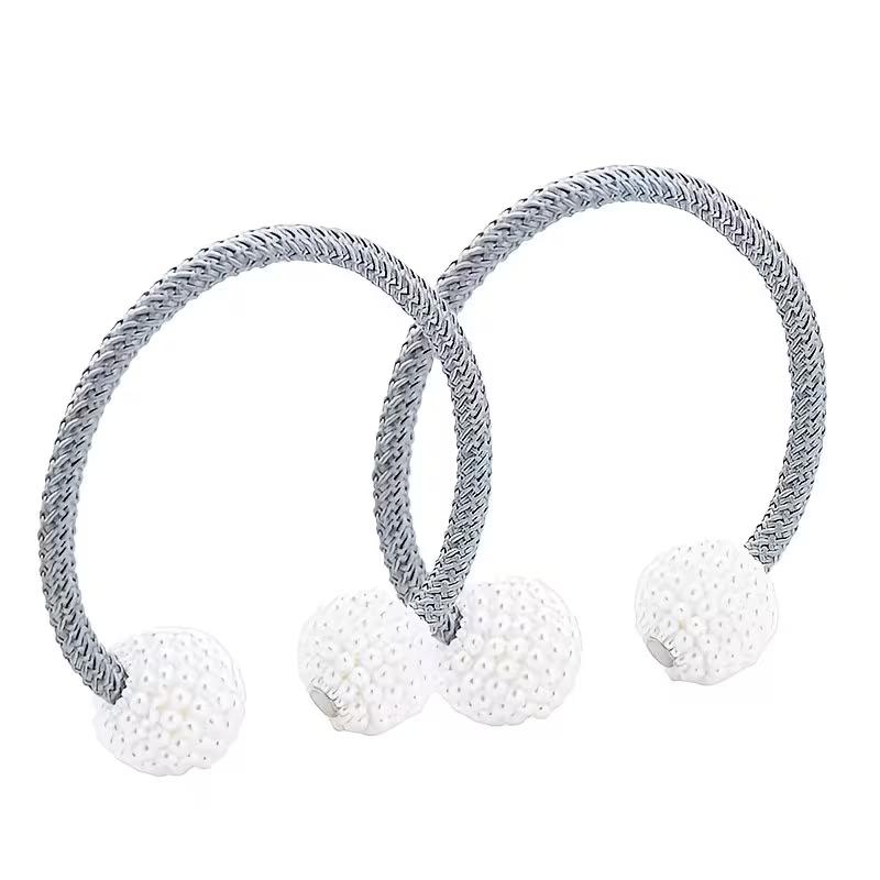 Magnetic Curtain Tiebacks Pearl Ball Elegant Woven Rope Curtain Holdbacks Magnet Drapery Tie Back Clips Curtain Holder for Living Room Bedroom Home