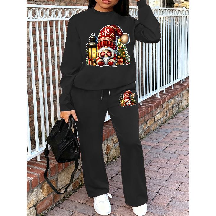 Women's Crewneck Sweatshirt & Drawstring Straight-Leg Pants 2-Piece Set, Printed Lounge Set, Fall/Winter Casual Outfit