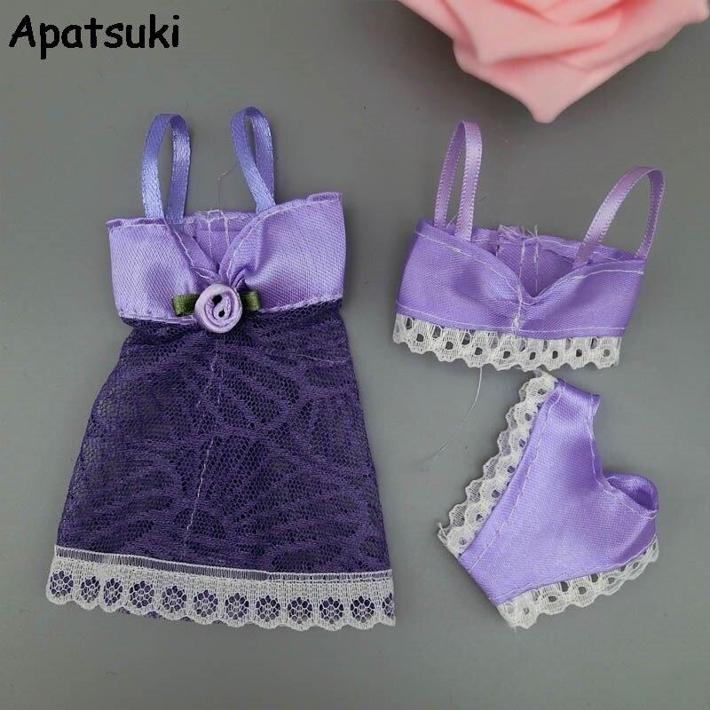Purple Sexy Pajamas Lingerie Nightwear Lace Night Dress + Bra + Underwear Clothes For Barbie Doll Dresses Girl Gift