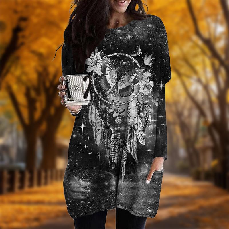 

Новинка осени с принтом «Ловец снов» и принтом бабочек больших размеров Женское платье с круглым вырезом и длинными рукавами Повседневные платья с карманами 4XL