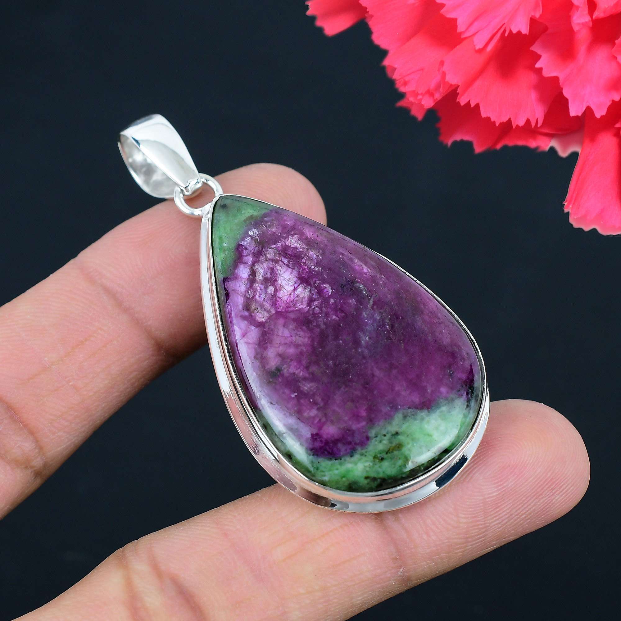 

Рубиновый зоизит, драгоценный камень, кулон, твердый кулон из стерлингового серебра 925 пробы, ювелирный подарок для унисекс