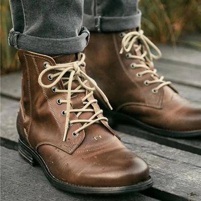 Fashion Retro PU Leather Men Boots Handmade Shoes for Men Motorcycle Boots Combat Ankle Boots Buffed Brown High Top Men's Shoes
