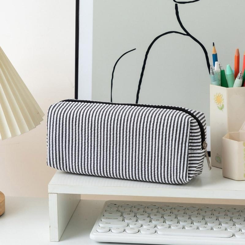 Multiunction Striped Pencil Case Water Resistant Polyester Pen Pouches Travel Cosmetics Bag For School Office Supplies