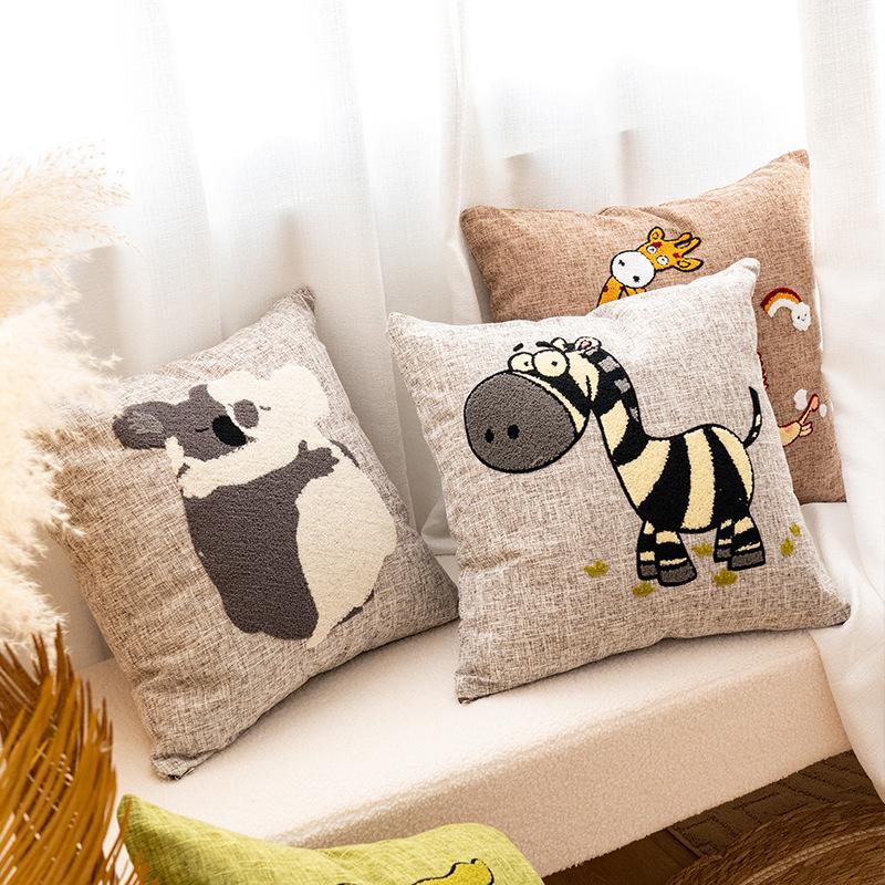 Cotton and Linen Cartoon Towel Embroidered Pillow Case Animal Pattern Children's Room Decorative Cushion Bedside Pillow