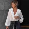 European and American Fashion White Ruffled Blouse for Women, Autumn Design V-Neck Lantern Sleeve Chiffon Shirt, Commuter Women's Clothing
