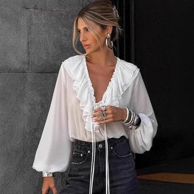 European and American Fashion White Ruffled Blouse for Women, Autumn Design V-Neck Lantern Sleeve Chiffon Shirt, Commuter Women's Clothing