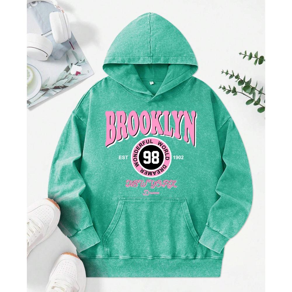 Brooklyn Wonderful World Dreamer Print Women Washed Hoodies Fashion Pocket Hoodie Cotton Comfortable Clothing Oversize Hoodie