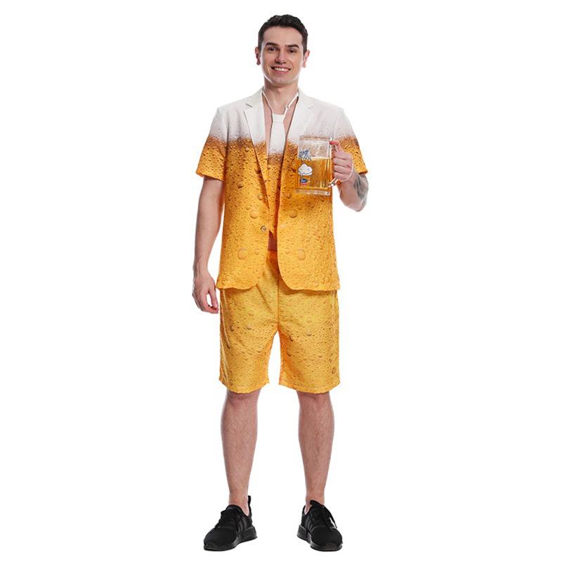 Neues Oktoberfest Bier Cosplay Kostüm für Männer Frauen Bayerische Festtagsoutfits Gelber Bieranzug 3D-bedruckte Kleidung Karnevalsparty-Set