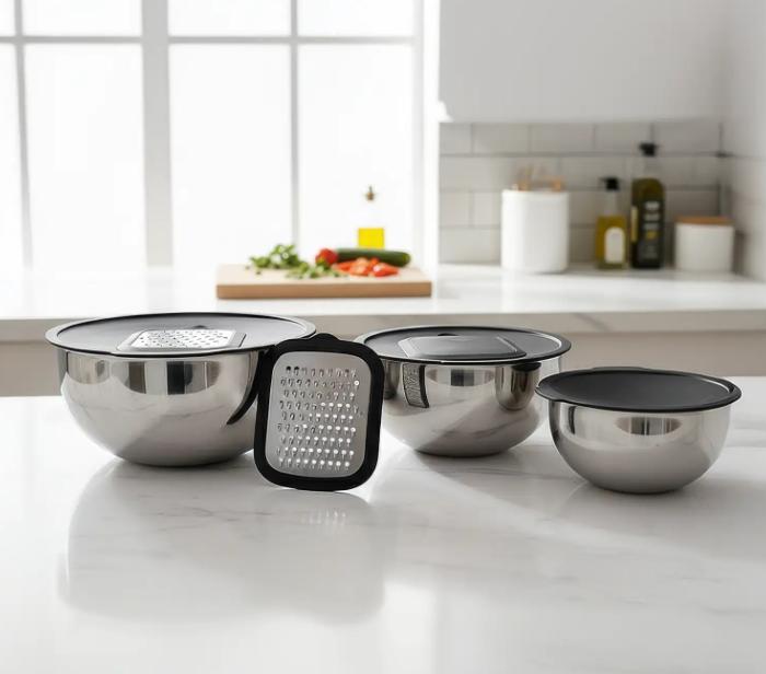 3-piece Stainless Steel Mixing Bowl Set with Grater Attachment 16-20-24 Cm 9 Pieces
