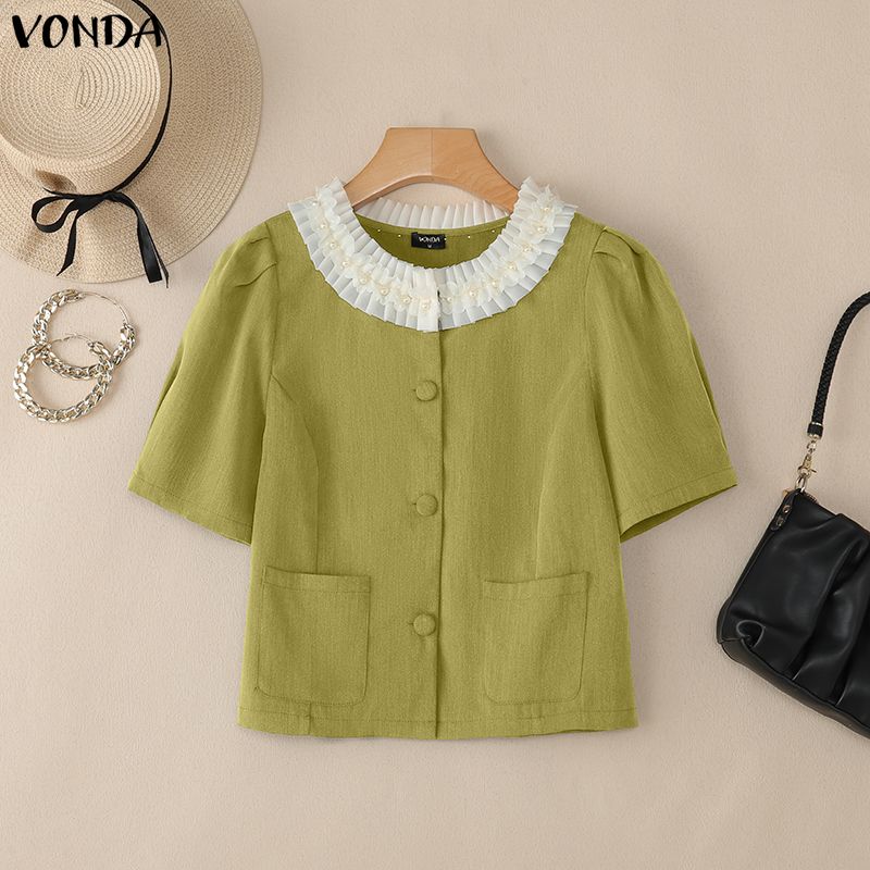 VONDA Women Casual Ruffled Hem Beading Round Neck Short Sleeve Cropped Blouse