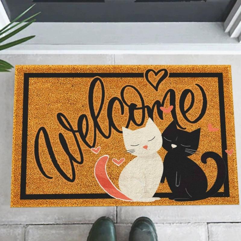 

Natural Coir Welcome Doormat with Cute Black and White Cats Heart Design Non Slip Entryway Rug for Home Decor Indoor Outdoor 40X60cm