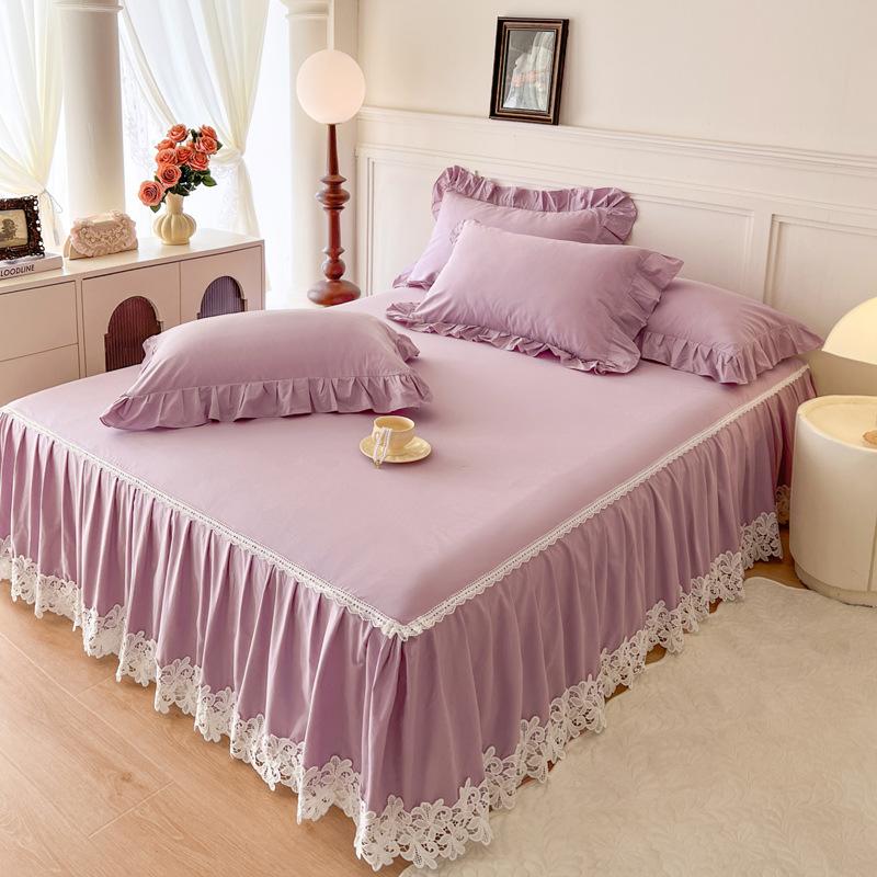 

3 шт. Двухслойная юбка для кровати с кружевной отделкой, однотонная, светло-роскошного серого цвета, набор из трех предметов 1 шт. юбка для кровати + 2 шт. наволочка 150*200CM