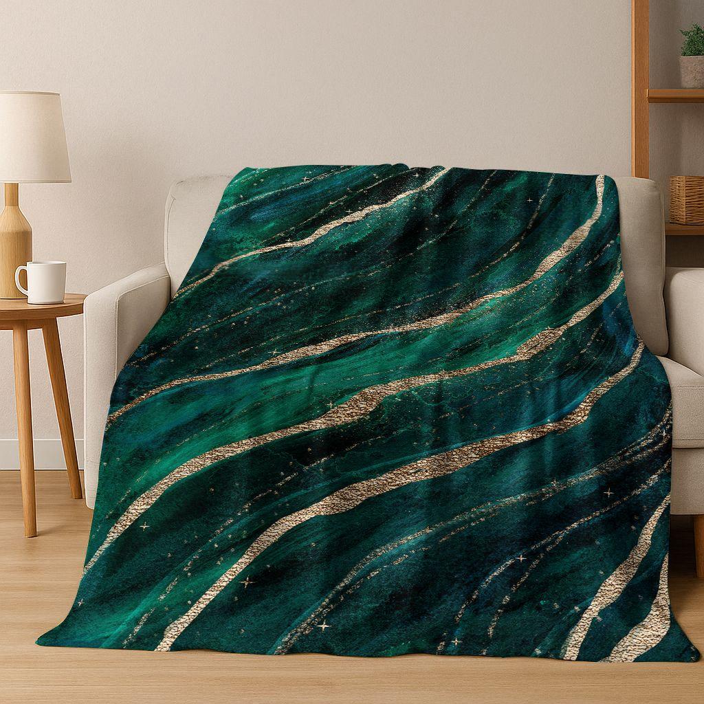 Luxurious Black Green Gold Marble Colorful Stone Texture Art Flannel Blanket,Cozy Soft Throw Blanket for Home Bedroom Bed Sofa