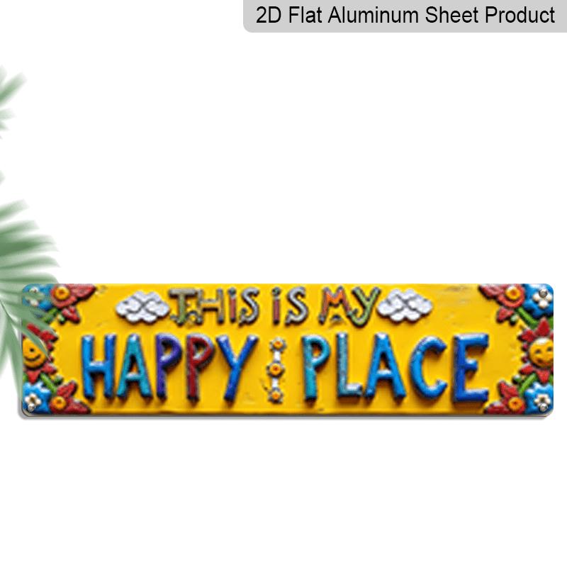 

2D Flat Aluminum Decorative Sign, 15.7×3.94inch - Large Retro Style This Is My Happy Place Wall Sign - Bright Yellow Smiling Sun, Clouds, and 40cm x 10cm