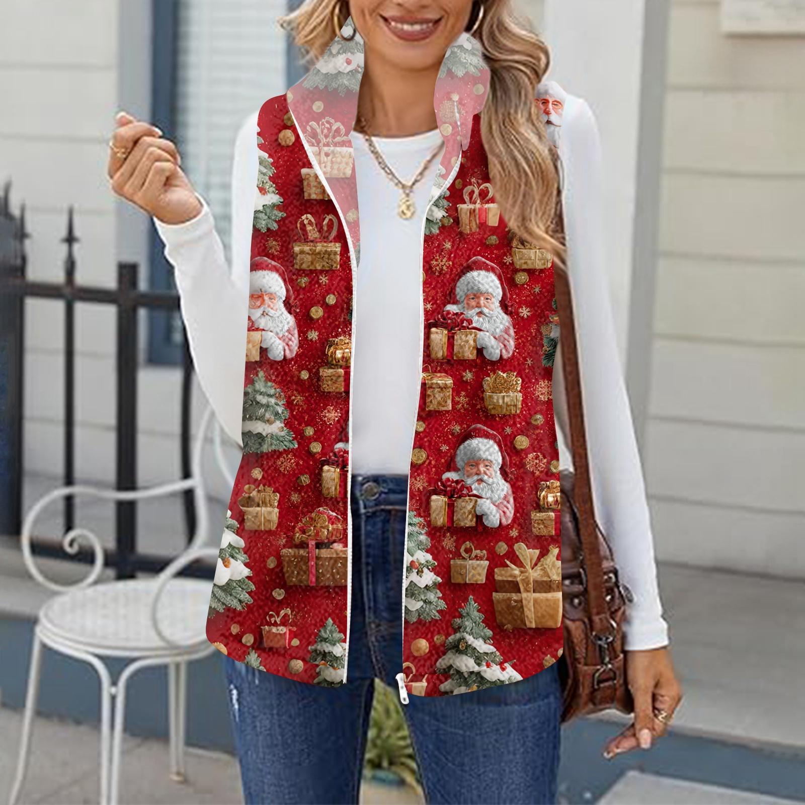 

Женский зимний модный и теплый флисовый кардиган-жилет с принтом снежинок S киноварь